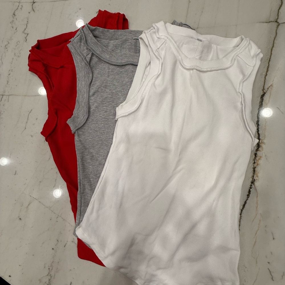 3 Pack Everyday Ribbed Tank Tops - White, Gray & Red